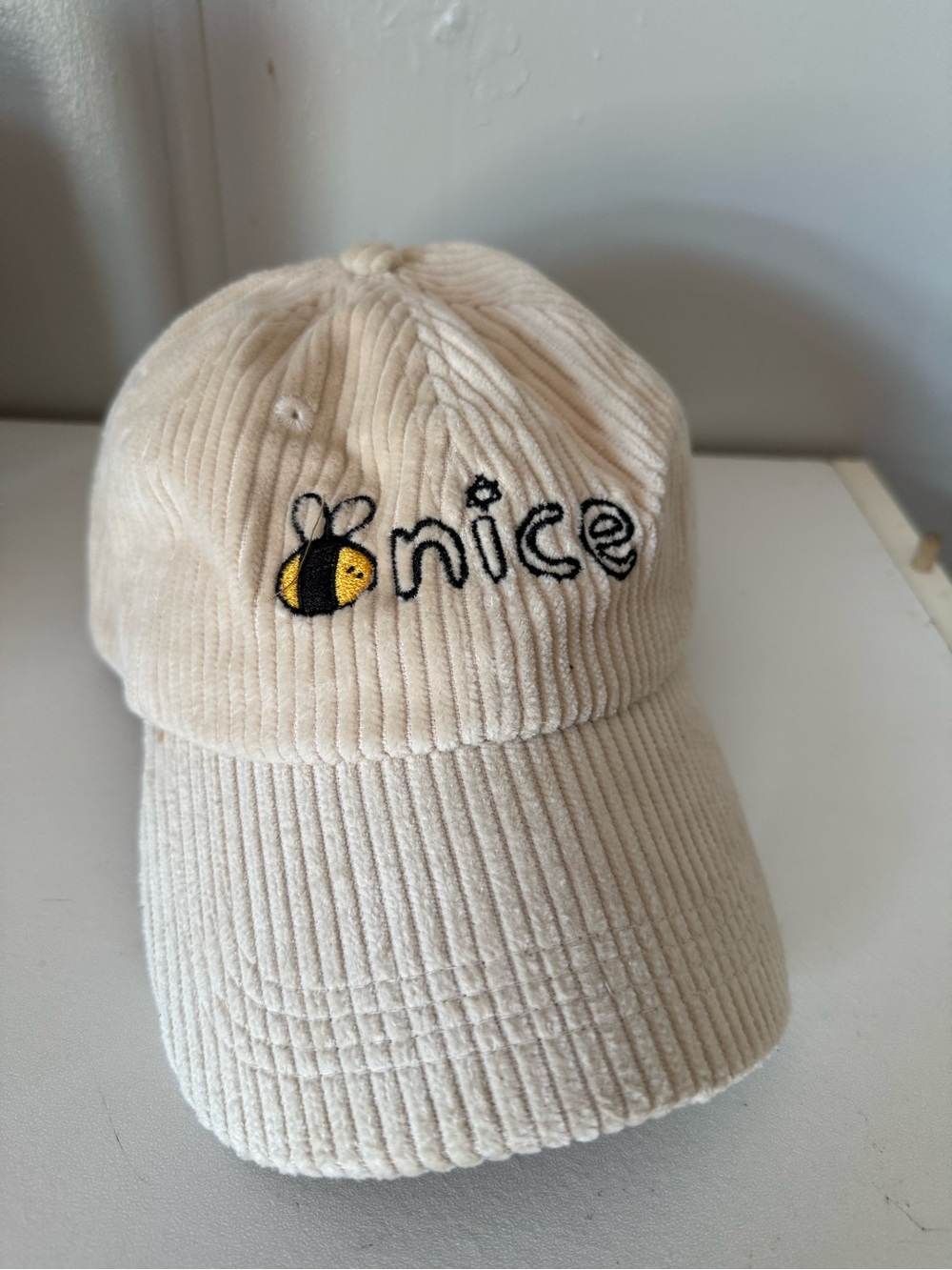 Beige 'Nice' Embroidered Corduroy Hat
